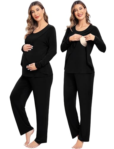 Image of SWOMOG Women Maternity Pajama Set Nursing Pjs Double Layer Long Sleeve Top & Pants Breastfeeding Pregnancy Set with Pockets
