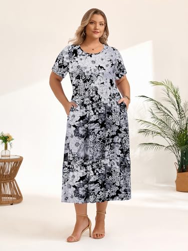 Image of LARACE Plus Size Dresses for Women Summer Casual Short Sleeve Long Dress Flowy Maxi Beach Dresses with Pockets L-6XL