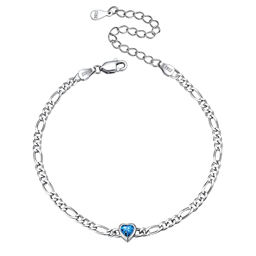 ChicSilver 925 Sterling Silver Heart/Round Birthstone Figaro Chain Bracelet for Women Mothers Day Birthday Jewelry Gifts (with Gift Box)