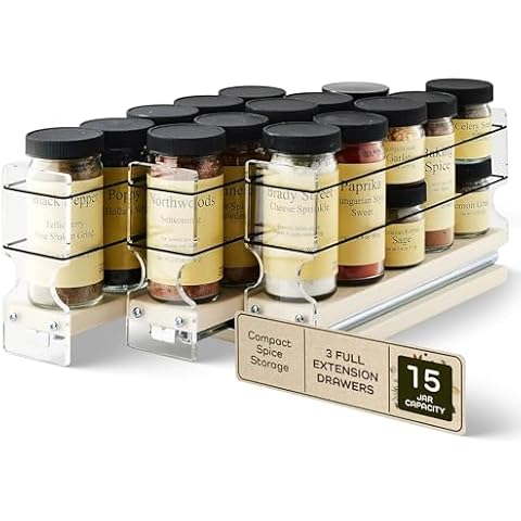 Vertical Spice Cabinet Mounted Spice Rack Drawer - Pull Out Cabinet Organizer - Cupboard Organizers & Storage - Pantry Shelves - 15 Regular Jars, 3 Drawers (6.9" W x 5.0" H x 10.6" D, Cream) Cover
