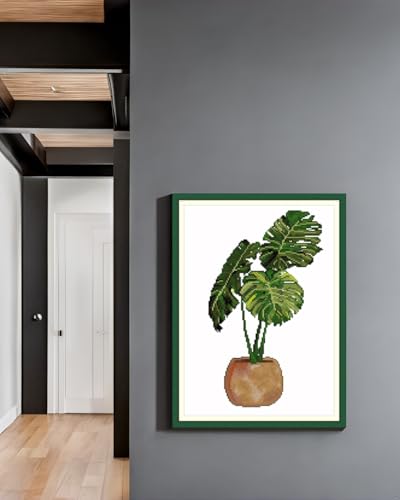 Image of CaptainCrafts Cross Stitch Kits, Stamped Cross Stitch Kits Printed Fabric Cross Stitch DIY Needlework Embroidery Kit House Decor Monstera deliciosa (Printed 14CT)
