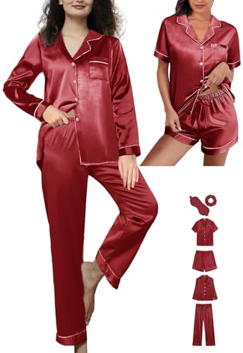 6Pcs Womens Silk Satin Pajamas Set XS-XXL Pajama Sets Pjs Set Button Down Pj Sets Sleepwear Loungewear4