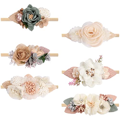 Image of VOBOBE Baby Girl Nylon Headbands Infant Flower Elastic Hair Band Bows Wraps For Newborn Toddler Hair Accessories Pack of 6 (Blue white)