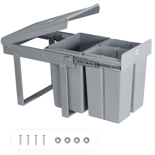 LVJ Amélioré 40L Poubelle Encastrable Sous évier- Séparation Des Déchets - 3 Compartiments Extensibles - 1 x 20 & 2 x 10 l - Dimensions: 48 x 34 x 42 cm (L x l x H) - Gris