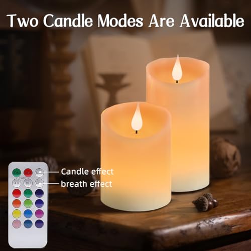 Image of LEDHOLYT Flameless Candle RGB Set, Flickering LED Pillar Real Wax Candle with Remote Control and Timer, Upgraded Blue Flame Heart, Built-in Battery Rechargeable Flameless Candle, 1 Set of 3