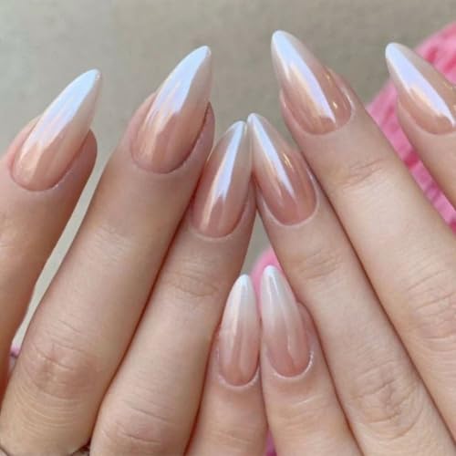 Ombre Press on Nails Almond Fake Nails with Design Chrome False N...