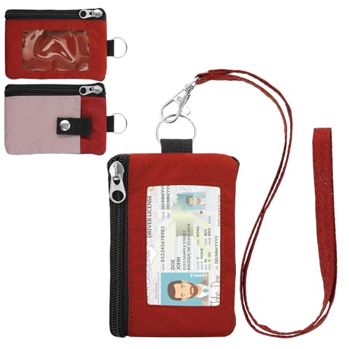 Image of Minimalist RFID Wallet with Lanyard, Multi-Functional ID Case with 2 Zipper Pockets and Key Chain for Men and Women, Tactical Badge Pouch Cards Holder, Coin Purse for Travel Sports - Red&Pink