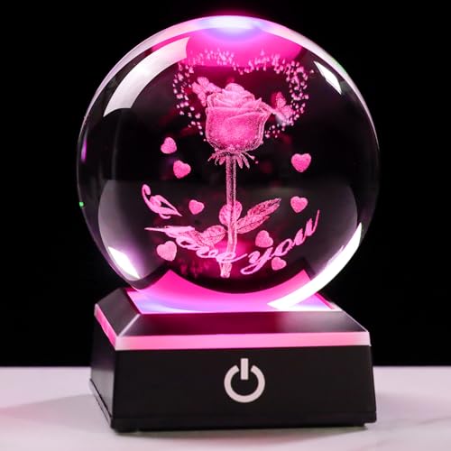 Image of 3D Crystal Ball Glass Rose Flowers Gifts for Wife Mom Home Decor Snow Globe Ornament with LED Base Night Light, Etched Heart & Rose Figurines I Love You Anniversary Romantic Gift for Women