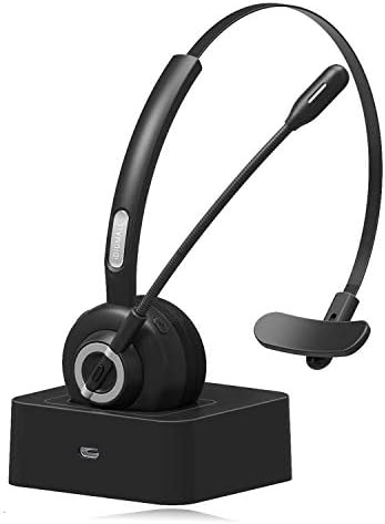 iDIGMALL Trucker Bluetooth 5.0 Headset for Cell Phones, Wireless Headphones w/Mic, Noise Cancelling Office Headset w/Charging Base for PC Laptop Call Center Skype (Dark Black)…