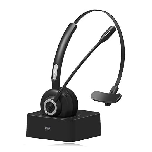 iDIGMALL Trucker Bluetooth 5.0 Headset for Cell Phones, Wireless Headphones w/Mic, Noise Cancelling Office Headset w/Charging Base for PC Laptop Call Center Skype (Dark Black)…