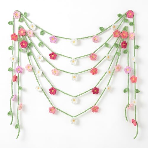 12 Pcs Handmade Crochet Flower Garland Decor Knitting Spring Floral Garland Hanging Ornaments Boho Door Curtains Decoration for Backdrop Wall Window Fireplace Bedroom Birthday Wedding Party