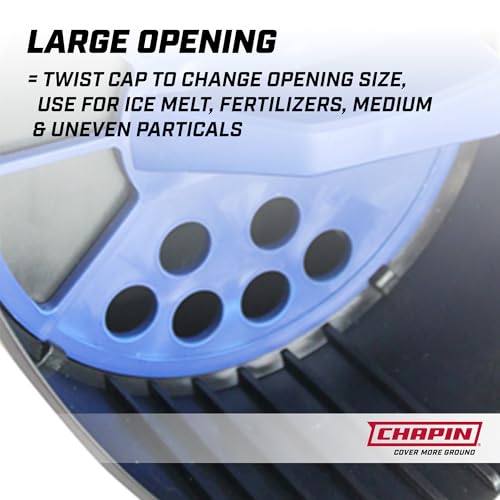 Image of Chapin 8740A: 64-Ounce Black Poly Hand Shaker Spreader for Turf, Fertilizer, Grass Seed, Salt and Sand, Year-Round Use, Large Grip Handle with 3 Openings for Pellets and Particles