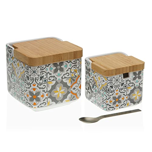 Versa Alfama Set de Salero y Azucarero de Cerámica y Bambú, con Tapa de Madera y Cuchara de Metal, , Medidas (Al x L x An) 11,2 x 11,7 x 11,8 cm, Cerámica y Madera, Color Gris, azul, amarillo y blanco Cover