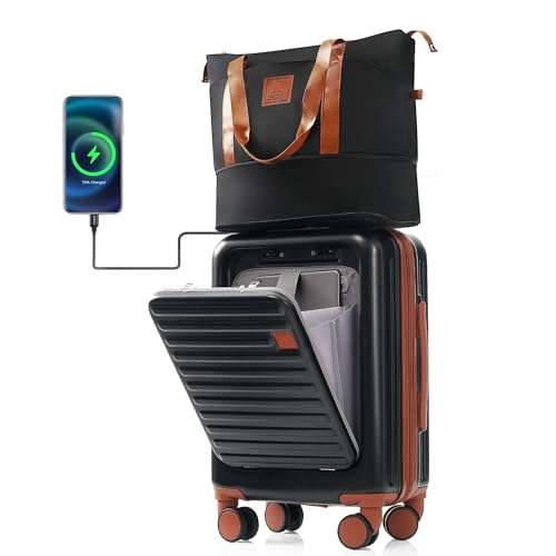 Merax Cup Holder and USB Port Luggage with Cosmetic Carry, Black, 20 in & Travel Bag