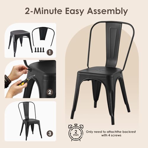 Image of Metal Dining Chairs with Back, Stackable, Midnight Black, 6 Pack | Easy Assembly, Non-Slip Feet, 330 lb Capacity, Kitchen, Restaurant, Cafe, Pub, Covered Patio