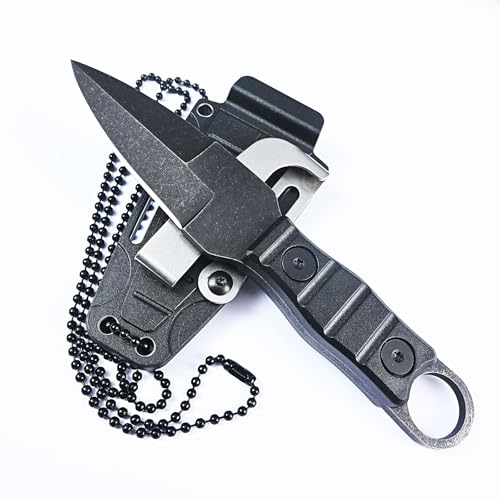 HUNTER FORCE Stonewash Compact Fixed Blade Knife, Full Tang with K-sheath, Classic Handle, Necklace included, for EDC, Outdoor, Camping, Hiking