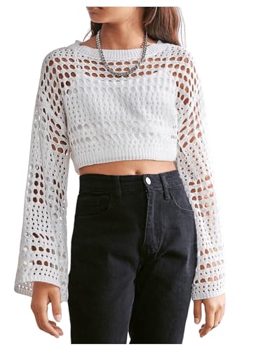 GORGLITTER Girl's Hollow Out Cropped Sweater Boat Neck Long Sleeve Crochet Top Drop Shoulder Pullover Tops