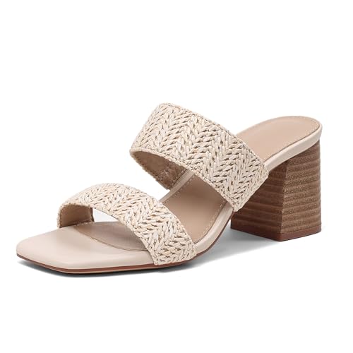 Image of Ancomafio Heeled Sandals for Women Raffia Sandals 2025 Chunky Block Heels Square Open Toe Heels Double Strap Summer Dressy Shoes Slip On