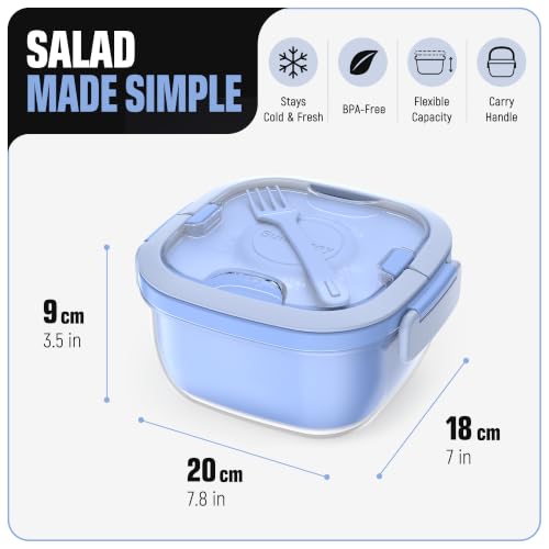 Image of Salad Container with Ice Pack & Handle, 6.8 Cup / 1600ml Large Portable Salad Bowl Lunch Box with Lid, Fork Holder & Sauce Cup, 4-Compartment Removable Tray Meal Prep Bento Box, Blue