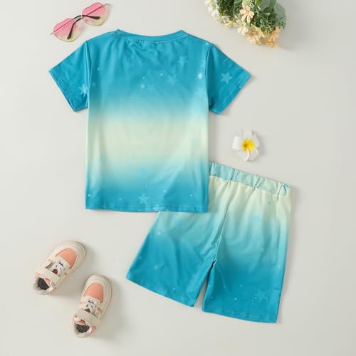 Image of 7-14Y Tween Girl Clothes 2 Piece Short Sleeve Tie Dye Heart Print Top and Shorts Teen Girl Summer Outfits Short Set
