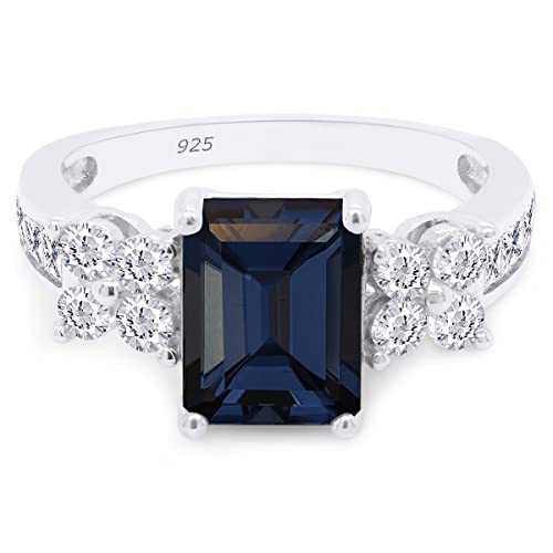 SAVEARTH DIAMONDS 8x6MM Emerald Cut Simulated Blue Sapphire With Princess & Round Cut Sparkling White Cubic Zirconia Cluster Engagement Ring For Women In 14k Gold Over Sterling Silver3