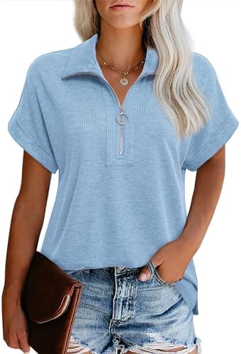 Vivilli Women's Short Sleeve Tops and Blouses Zipper Collar V Neck Business Casual Tops Loose Fit Tunic Shirt Polo Shirts