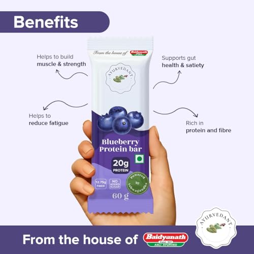 Image of Ayurvedant Blueberry Protein Bar | 20g High Protein | No Added Sugar | Energy Snack for Gym, Fitness & Active Lifestyle | 60g (Pack of 6)