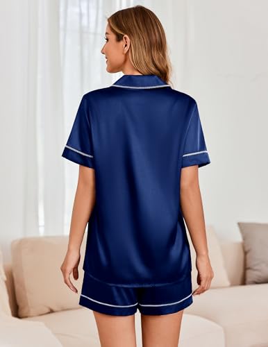 Image of Ekouaer Womens Satin Silk 2 Piece Pajamas Set Short Sleeve Sleepwear | Button Down Top and Shorts Loungewear Set for Sleep, Home, Wedding, Travel, Party, Daily Wear & Great for Sharing