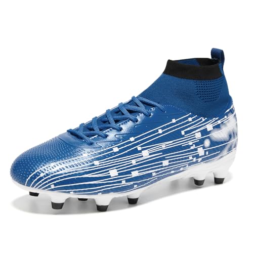 Klenvirola Men and Women Soccer Cleats High Top Football Boots Lightweight Lace Up with Grip Studs for Training and Matches Blue/White