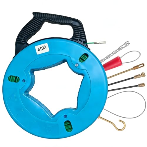 4.5mm 132FT Fiberglass Fish Tape Wire Puller, Electrical Cable Running Rod with 7 Leader Tips & Steel Reel Stand, PET Wire Fishing Tool for Professional Wiring Projects