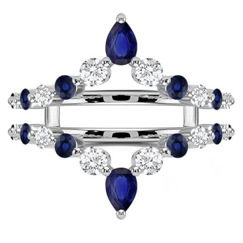 14K White Gold Plated Pear Cut Alternate Blue Sapphire & Diamond Chevron Style Curved Wedding Enhancer Wrap Ring Guard for Women's