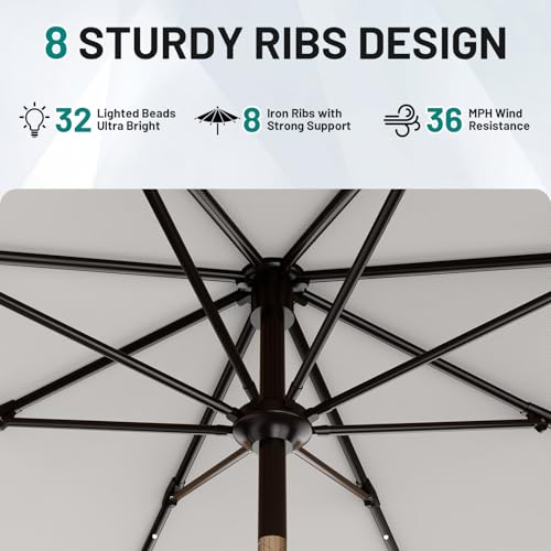 Image of AreShark 9FT Patio Umbrella with Solar Lights, 32 Lighted Pool Umbrella w /Tilt and Crank, Outdoor Market Solar Umbrellas for Garden, Deck, Backyard, Pool and Beach, Light Gray