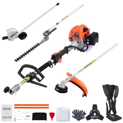 VEVOR 26cc Gas-Powered 4-in-1 Hedge Trimmer Kit - 2-Cycle Handheld Multi Tool Trimmer, Dual Sided Hedge Trimmer, Weed Eater/String Trimmer, Lawn Edger & Brush Cutter, for Shrubs Bushes