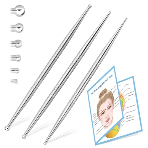 ideayard Facial Reflexology Tool, 3 Pieces/6 Sized Headed Stainless Steel Acupuncture Pen for Ear...