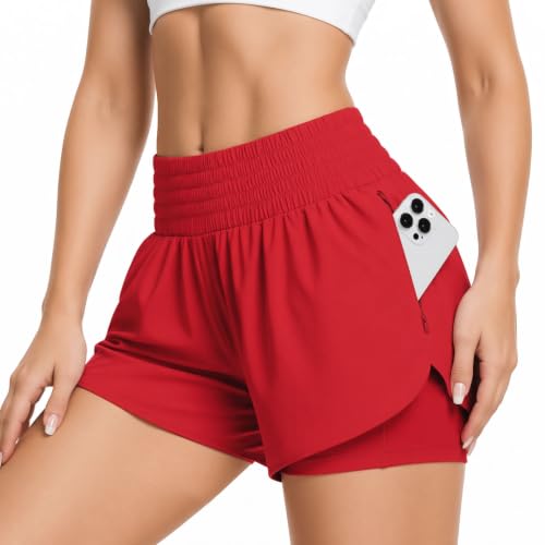 Image of UoQo Women 2-in-1 High Waisted Running Shorts with Zip Pockets Quick Dry Gym Activewear Red