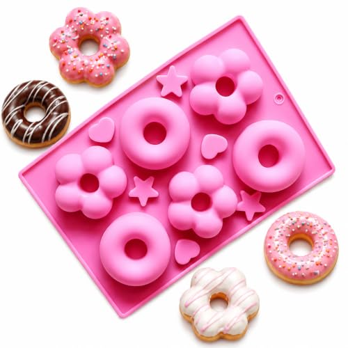 Image of PureBake Silicone Donut Mould Tray for Baking, 6 Cavity, Round & Flower Shape, Non Stick, Mini Cake Pan for Fondants Donuts, Chocolate & Desserts, Random Color, Pack of 1