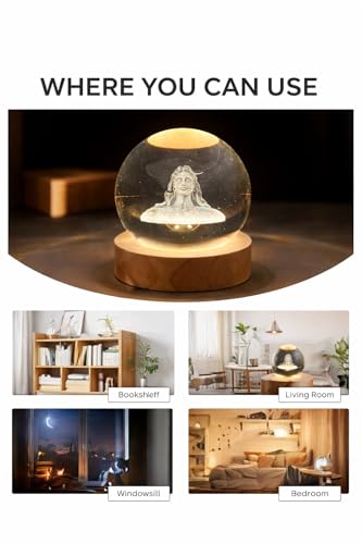 Image of 3D Crystal Ball Night Lamp - LED USB Decorative Light with Wooden Base - Laser Engraved Adiyogi Design for Home Decor & Gifting