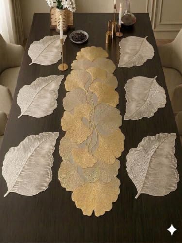 Image of Dakshya Industries PVC Waterproof Table Placemat & Table Runner Combo Set | 6 Dining Table Mats + 1 Runner | Heat Resistant, Washable, Non-Slip Table Mat Set (Dining Decor)