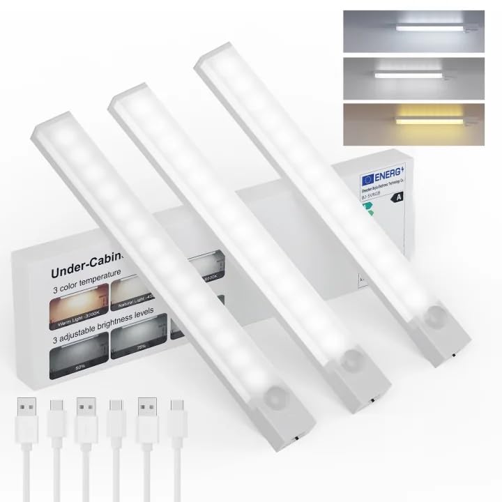 Under Cabinet Lighting 8 Inches Rechargeable Motion Sensor Light Indoor, 3 Color Dimmable Closet Light Battery Operated, USB Stick on LED Magnetic Under Counter Lights for Kitchen Stair, 3 Packs