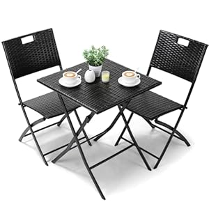 LIFERUN Balkonmöbel Set Bistro, Balkonmöbel Rattan Set, Bistro Gartenmöbel Set 3-teilige, Klappbar Balkontisch mit 2PCS Klappstühle, Schwarze Balkon Set, Balkonmöbel Klappbar, Rattan-Sitzgruppe