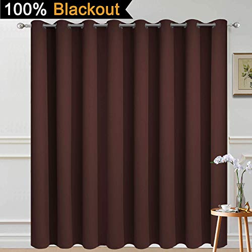 Image of Yakamok Brown 100% Blackout Patio Door Curtain Panels W100 x L96, 1 Panel | Noise Reducing Barrier Panel for Sliding Glass Door, 2 Thick Layers Heat Full Light Blocking Patio Door Drapery