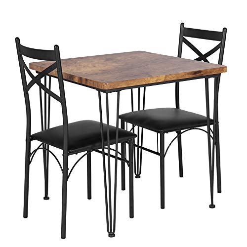 VECELO Dining Set Industrial Style 3 Pieces Kitchen Wood Table 2 Chairs with Metal Legs，Retro Brown and Black