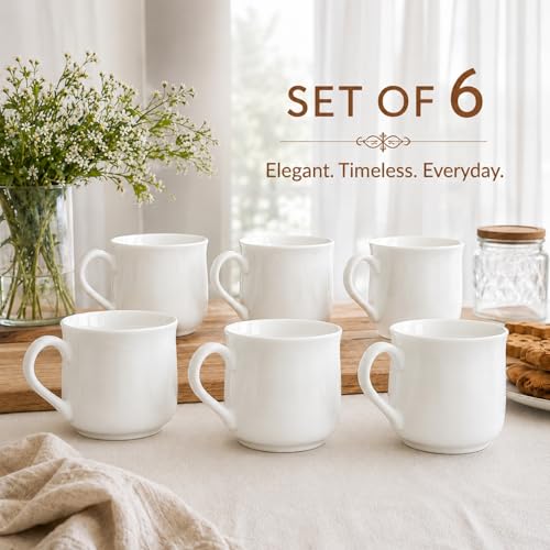 Image of Femora Elegant White Ceramic Tea & Coffee Mug Set of 6, 180 ml Each, Curved Shape, Coffee Cups for Home & Office Microwave & Dishwasher Safe BPA Free