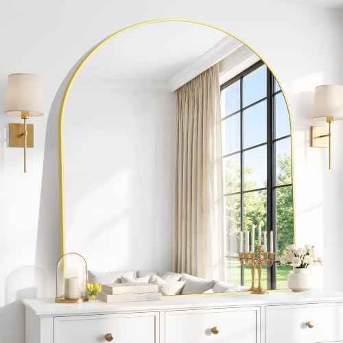 Image of BONEWEI Arched Wall Mirror,36x40 inch Gold Arched Mirror Bathroom,Vanity Mirror for Over Sink Metal Frame,Tempered Glass Arch Mirrors for Bedroom,Entryway,Living Room,Home Decor Shatter-Proof