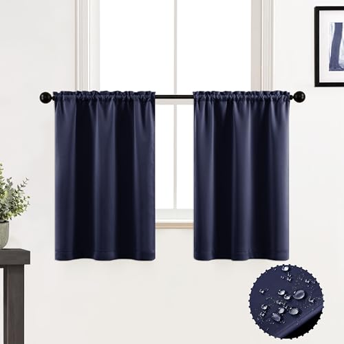 Navy Blue Curtains for Kitchen & Bathroom Windows - Waterproof Blackout, 24 Inch Length