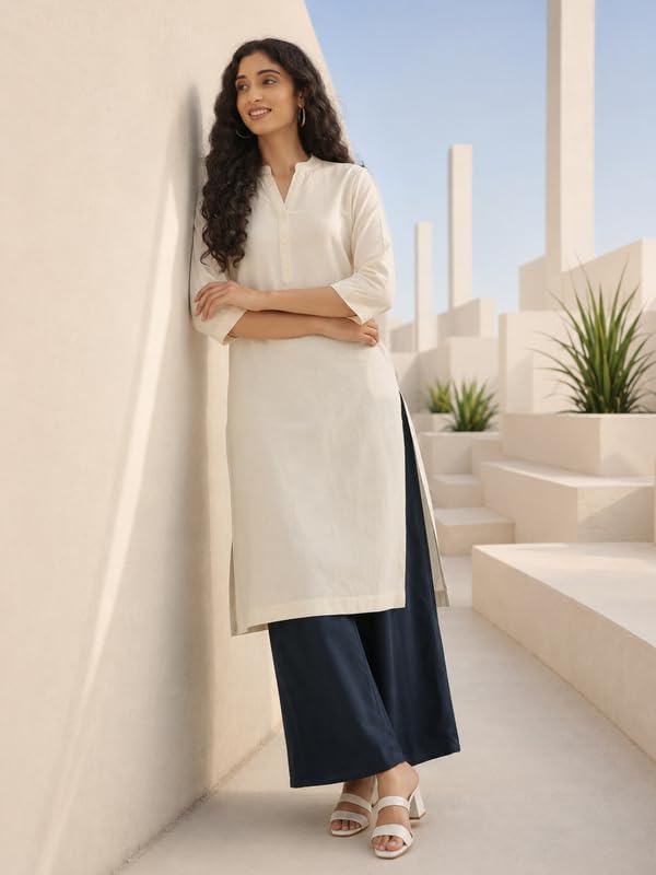Image of SAADAA Women Airy Linen Long Kurta | Mandarin Collar 3 /4th Sleeve Kurta | Regular Fit Ethnic Wear for Women | Casual, Festive & Office Wear