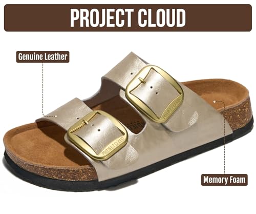 Image of Project Cloud 100% Genuine Leather Footbed Sandals for Women 2026 Comfortable Beach Essentials Womens Sandals Memory Foam Vacation Essentials Slides for Women Footwear (Santorini)