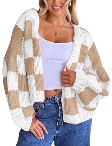 Yimoon Cropped Cardigan Sweater for Women Checkered Open Front Long Sleeve Cardigan Oversized Chunky Knitted Outwear