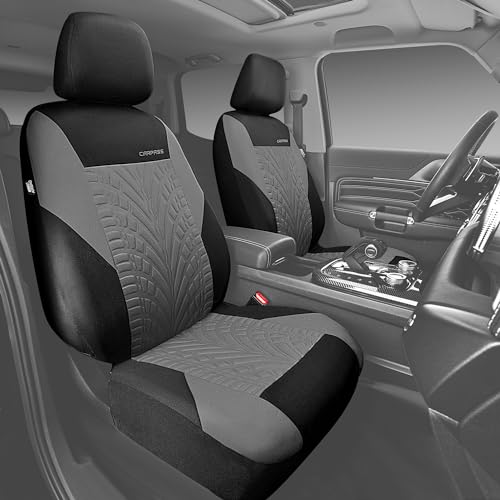 Image of CAR PASS Car Seat Covers Two Front Only for Car, 3D Tyre Print Automotive Interior Covers, Airbag Compatible, Quick Setup Universal Fit Seat Covers for Car, Truck, SUV(Black Gray)