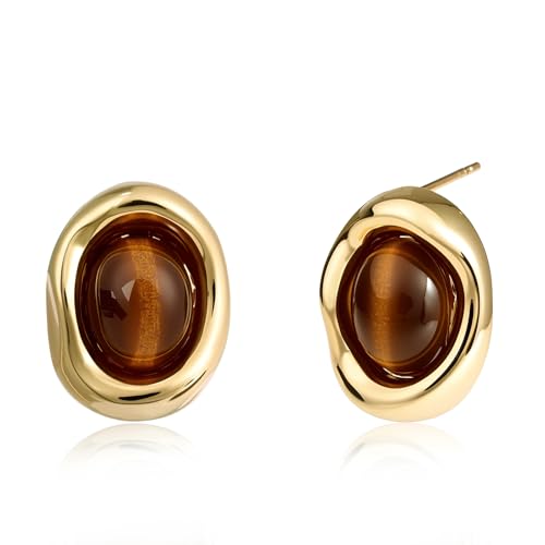 Tiger Eye Stud Earrings 14K Gold Plated Vintage Brown Gemstone Ea...